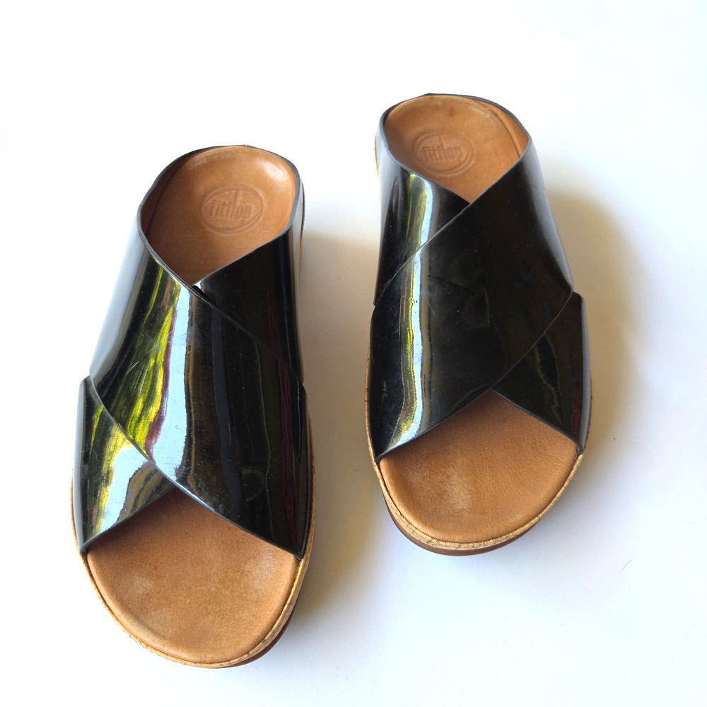 Fit Flop Kys Black Criss Cross Patent Leather Sandals Size 7 Cork Platform